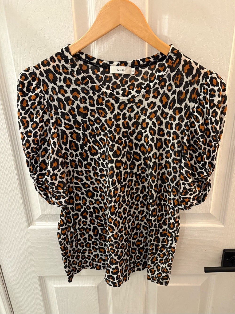 A.L.C. Leopard Print Puff Sleeve Top - Black/Brown/White